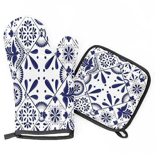 Mexican Oven Mitts and Pot Holders Sets of 2, Traditional Talavera Style Heat Resistant Non-Slip Oven Gloves Hot Pads for Microwave Cooking Baking Grilling BBQ Holiday Kitchen Decor
