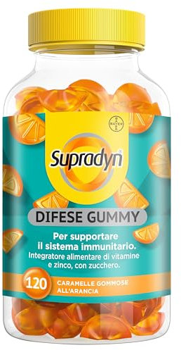 Supradyn Difese Gummy Multivitaminico Caramelle, Integratore Multivitaminico Difese Immunitarie Adulti con 7 Vitamine e Zinco, Vitamina D, Vitamina C, 120 Vitamine Gommose Gusto Arancia