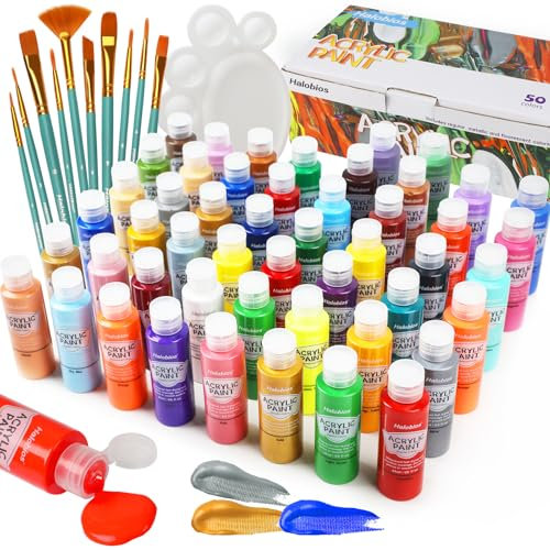 Halobios Acrylic Paint Set 50 Colors(2 fl oz/60 ml), Premium Acrylic Paints for Kids & Adults, With Fluorescent Colors & Metallic Colors for Painting, Drawing & Art Supplies, DIY Arts and Crafts