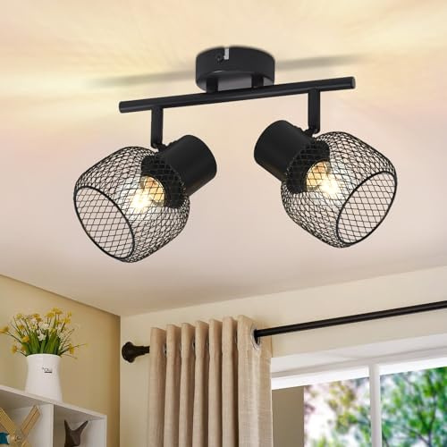 Glitzerlife Deckenleuchte Vintage Deckenstrahler 2 Flammig Deckenlampe | Schwarz Metall LED Drehbar 330°Strahler Flurlampe Wohnzimmer flur Schlafzimmer Küche E27 Max.25W Ohne Leuchtmittel