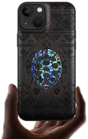 Carveit Étui Magnétique pour iPhone 13 Coque Luxe Cover [Bois et Incrustation de Coquille] Etui Compatible Magsafe avec Apple 13 Case (Bois Sombre-La Tortue au Milieu de Zendoodle)