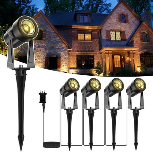 GLOBELIT Garden Spike Lights 46FT, 4-Pack 360° Adjustable Garden Spot Lights - IP65 Waterproof, 3000K Warm White, 30° Beam Angle - Ground/Wall Mount Outdoor LED Mains Powered (Black)
