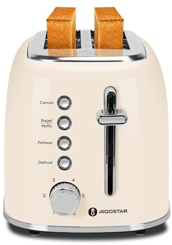 Aigostar Tostadora Retro, 2 Ranuras Corta Extra Anchas de 4 cm, Acero Inoxidable, 6 Niveles de Tostado, Descongelar, Recalentar y Cancelar, Programa Especial Bagels. Diseño Vintage en Beige. Cream