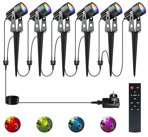 Lam(MS)pen Juego de 6 focos LED de jardín RGBW COB con mando a distancia, temporizador, luz LED RGB + blanco cálido, 3000 K, con estaca, IP65, resistente al agua, 12 V, 20 W, aluminio, lámpara de
