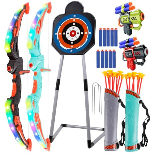 Verdantree Bogenschießen Set mit LED-Leuchten, 2 Stück Aufleuchten Bogenschießen Kinder Spielzeug Indoor Outdoor Spielzeug für Kinder von 4-12 Jahren