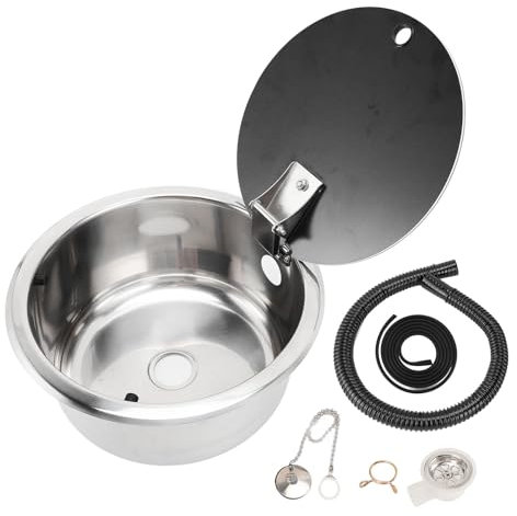 Wohnmobil Spüle Set mit Deckel aus Gehärtetem Glas 30 X 14,5Cm Rundes Einzelbecken, Handwaschbecken, Barspüle mit Abdeckung, Edelstahl Einbau Küchenspüle für Wohnwagen Außenbereich