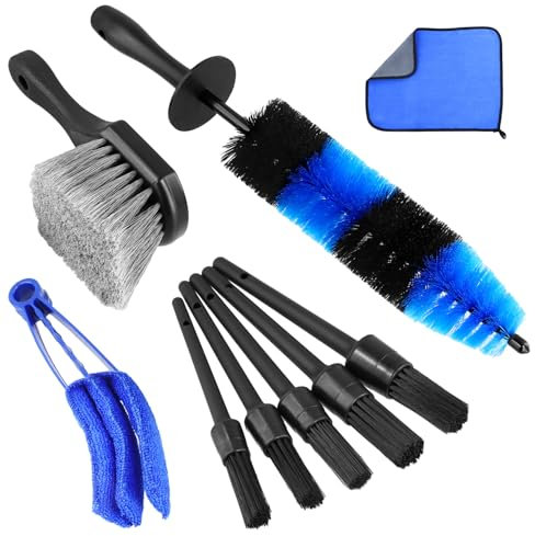 QWORK® Ensemble de 9 Brosses de Nettoyage pour Voiture - Brosse Jantes, Rosse Pneus et Brosses de Détail