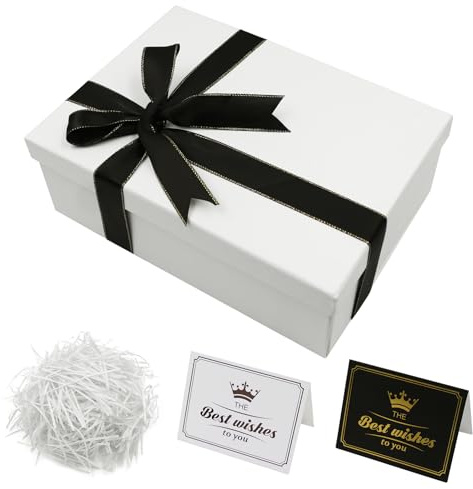 Realjoy Geschenkbox mit Deckel,25 x 18 x 8.5cm Geschenkbox Weiß mit Grußkarte,Schleife und Bast,Geschenke Box für Geburtstage,Hochzeiten,Valentinstag,Weihnachten