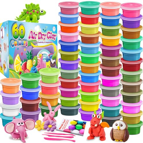 essenson Modelliermasse-Set, 60 Farben Lufttrocknende magische Knete für Kinder, Geschenk für Jungen und Mädchen im Alter von 3-12 Jahren