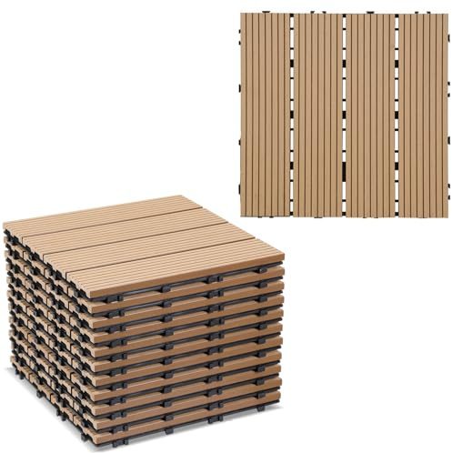 Gimisgu WPC Terrassenfliesen, 30x30cm WPC Fliesen 11er Set für 1 m² Balkonfliesen Klickfliesen mit Klick-System, Bodenbelag für Balkon Terrasse, Wetterfest mit Drainage, Teak