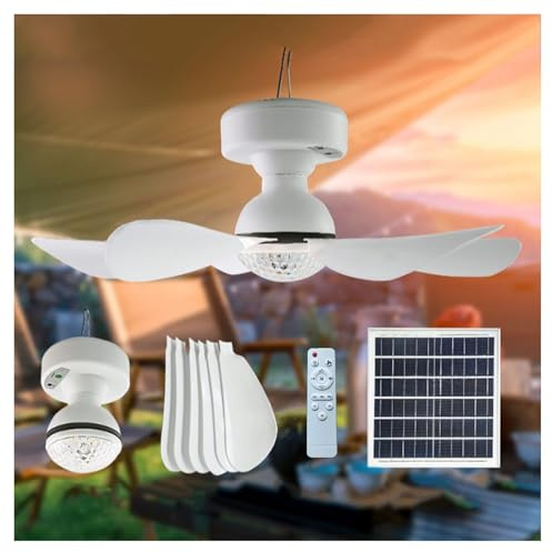 Ventilador Portátil Solar con Control Remoto y Luz de Techo - Doble Uso, Tres Niveles Ajustables y Palas Desmontables para Acampar Al Aire Libre