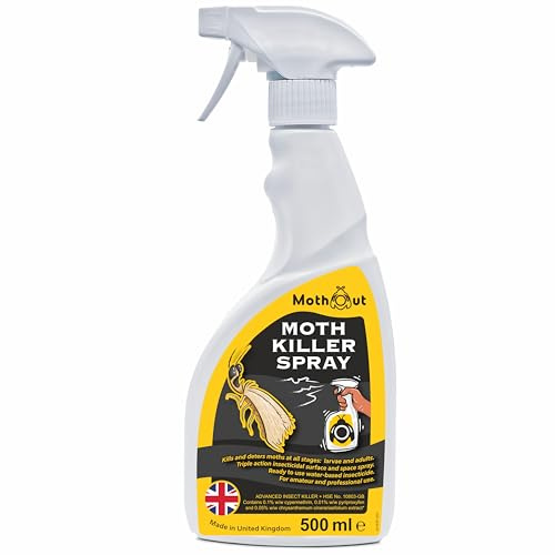 MothOut Wardrobe & Carpet Moth Killer Spray, Kills Moths all Species, Adults, Larvae & Pupae, Non-Staining, Low Odour, Moth Repellent for Carpets, Curtains, Hard Surfaces & Cushions (500 Millilitres)