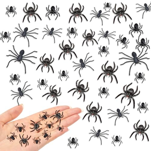 CSLGDMAI 50 Stück Halloween Spinnen Deko,Realistische Kunststoff Spinne für Halloween Tischdeko, Gruseldeko, Partydeko Innen & Außen – Kleine Schwarze Spinnen für Spinnennetz