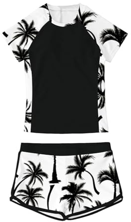 Générique Maillot de Bain pour Filles Ensemble de Plage et Piscine Combinaison Estivale Haut de Maillot à col Rond Short à Fleurs pour Jeunes Adolescentes (Black, 11-12 Y)
