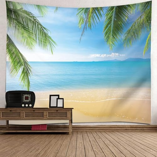 Skcess Paño de pared azul y verde, poliéster para colgar en la pared, hojas de palma en el mar, 200 x 200 cm