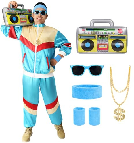 Aomig Disfraces Años 80 Hombre Mujer, 8pcs Disfraz Chándal Años 80 con Collar de Dólares y Inflables Radio, Chándal Retro para Rockstar Carnaval Halloween Cosplay Fiestas Disfraz Neón, XL