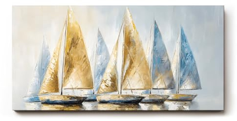 Sinus Art Wandbild 100x50cm Dynamisches Motiv mit sieben Segelbooten in Blau und Goldtönen – stilvoll und maritim zugleich