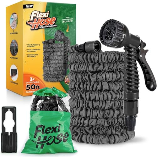 Flexi Hose Expandable Garden Hose - 50FT Heavy Duty Water Hose, Retractable Hose with 3/4-Inch - Expandable Design & Spray Nozzle Included - Black, 15 Metres
