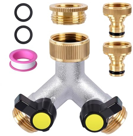 2-Wege Wasserhahn Verteiler, almaio 3/4 Zoll Messing Wasserverteiler Garten, 2 Stück 3/4 auf 1/2 Adapter, Wasseranschluss Verteiler mit Wasserdichtem Band und 4PCS Gummiringen, Für Zuhause, Garten