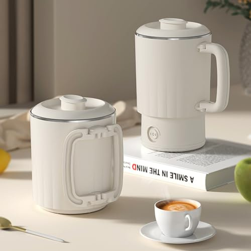 Portable Travel Kettle, 600ML Small Electric Kettle with Foldable Handle, Food Grade Stainless Steel Collapsible Water Boiler with Dual Modes, Compact Portable Kettle for RV, Camping, Beige