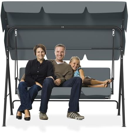 PEILU 176 x 110 x 152 cm hollywoodgungor med soltak och sittdyna och stålram, 3-sitsig trädgårdsgungbänk som väger upp till 200 kg, gungbänk, trädgårdsfåtölj för utomhus och inomhus (antracit)