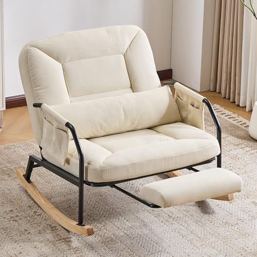 Sinaopus Schaukelstuhl Großer Schaukelstuhl mit Liegefunktion & Fußstütze aus Cord Verstellbarer Relax-Schaukelstuhl mit breitem Sitz & Kissen (beige)