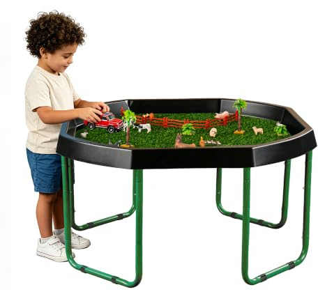 Tenmind Bandeja negra de 47.2 pulgadas con tapete de juego de hierba, mesa de actividades ajustable con bandeja sensorial con soporte, juego desordenado al aire libre y aprendizaje para niños pequeños