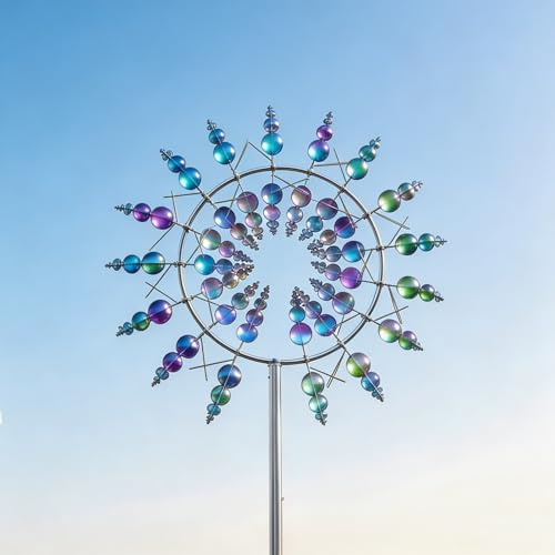 Windrad Garten Metall, Windspiel Garten Drehbare Blume, 3D Magische Windmühle wetterfest, Windspiele für Draußen Stehend, Gartendeko Windräder für Balkon, Landschaft Dekoration (Farbe)