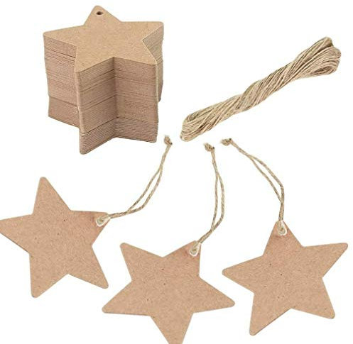 JZK 100x Targhette regalo marrone Carta Kraft Stella Etichetta grazie + 20m spago Corda Juta, cartellini cartoncini Stella per bomboniere per Matrimonio Compleanno Battesimo Festa
