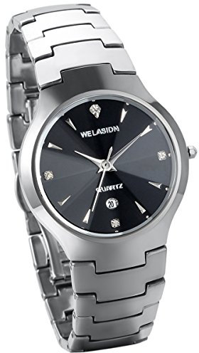 JewelryWe Mens Silver Tungsten Carbide Quartz Wrist Watches with Date Birthday Gift for Him