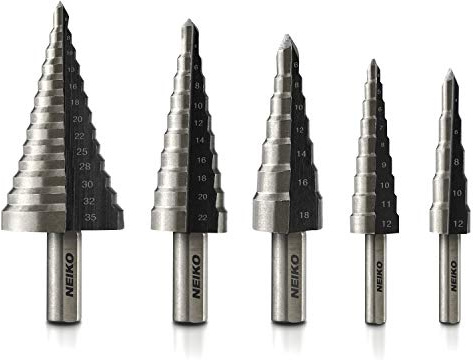 NEIKO 10198A Stufenbohrer-Set, 5-teilig, 4 mm - 35 mm, metrischer Titan-Hochgeschwindigkeitsstahl-Unibit, Schrittkegel-Bohrer, zwei Rillen-Stufen-Bits, 135-Grad-Spitze