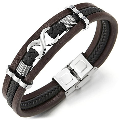 COOLSTEELANDBEYOND Tres Filas Amor Infinito Número 8 Entretejido Marrón Negro Trenzado Cuero Pulsera Brazalete de Hombre de Mujer