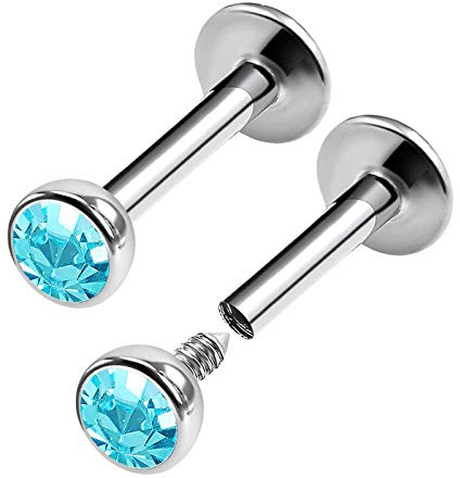 KJM FASHION 2 Stk Edelstahl Lippen 1,2mm 16 Gauge Aquamarin Kristallkugel Knorpel Madonna Tragus Ohrringe Lippe Piercing Schmuck 0274