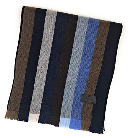 Hickey Freeman Striped Australian Merino Scarf for Men – Ultra-Soft Lightweight Men’s Winter Scarves, 70-Inches x 10-Inches, Navy and Brown Multi Strpe