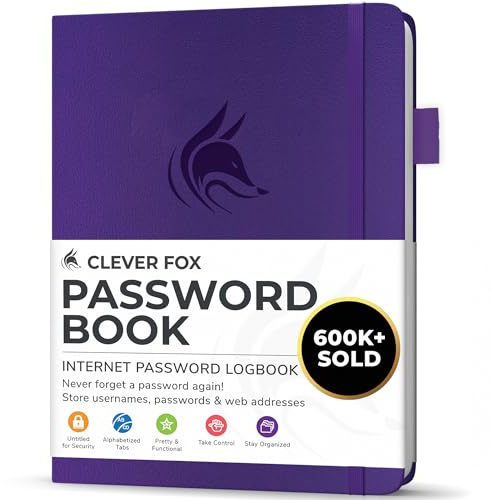 Clever Fox Passwortbuch mit Registerkarten, Kleines, Lila | Adress- und Passwort-Organisationsbuch mit alphabetischen Registerkarten - Passwortbuch für Computer- und Website-Logins