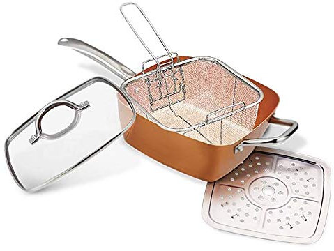 Pentola multifunzione in rame super resistente antiaderente e antigraffio con accessori - padella per utilizzo in forno, a gas o induzione - 08