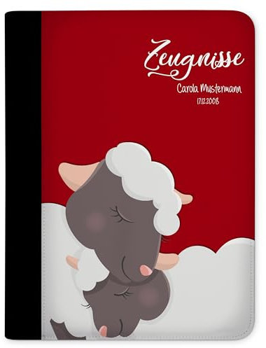 CreaDesign Customize A4 Zeugnismappe für Kinder - 26.7 x 32.7 x 1 cm, erweiterbar auf bis zu 20 Fächer, Sichtbuch ohne Klarsichthüllen, Schaf Rot Design, Dokumentenmappe für Schüler