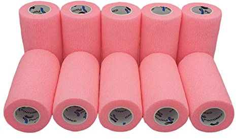PintoMed Selbstklebender Verband Gedehnt -10 x Rosa - 10cm x 4,5m Bandagen Rollen Haftbandage Fixierbinde Selbsthaftend Health Pflaster Sport Tape Stück für Handgelenk Bein Arm Vet Wrap