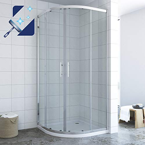 Duschkabine Viertelkreis 80 x 80 cm Runddusche Halbrund mit Schiebetüren aus Echtglas klar mit Nano-Beschichtung, Matt Silber Rahmen, Duschtüren Radius 55 cm, Höhe 195 cm, AQUABATOS