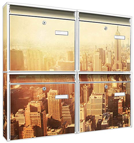 banjado Briefkastenanlage 4 Fach - Postkästen groß - verzinkter Stahl weiß DIN A4 Motiv Manhattan 2 - Briefkasten Set 4 Briefkästen Namensschild, 2 Schlüssel, Montagematerial