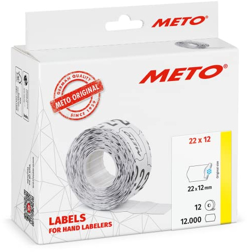 Meto Etiketten für Handauszeichner (22x12 mm, 1-zeilig, 12.000 Stück, weiß, multifunktional permanent und tiefkühl, für METO, Contact, Sato, Avery, Tovel, etc.)