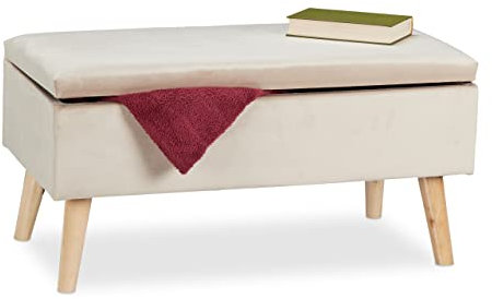 Relaxdays Sitzbank mit Stauraum, Samtbezug, 40 L, gepolstert, Holzbeine, Flur, 2er Truhenbank, 41 x 80 x 40 cm, Creme