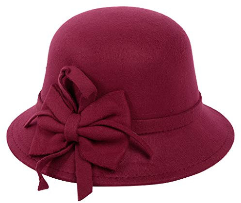 Damen 1920er Jahre Glockenhut mit Schleife Kunstfilz Vintage Kirchenhut Elegant Schlapphut Crushable Bowler Hut Klassische Party Hüte, Weinrot, EinheitsgröÃŸe