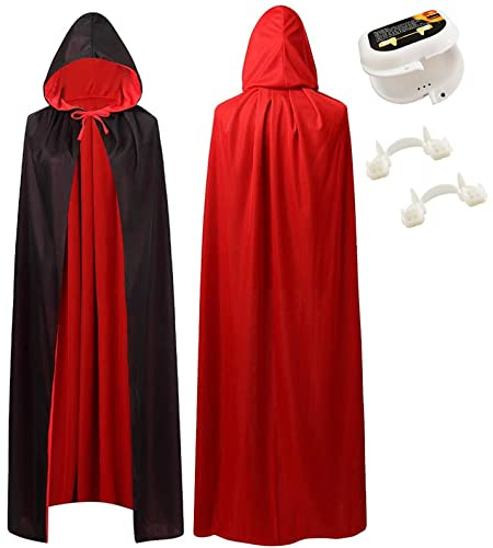 ALMDA Capa de Halloween con Capucha Negro Rojo de Doble Cara, Disfraz de Vampiro Medieval para Adultos Hombres y Mujeres, con Colmillos