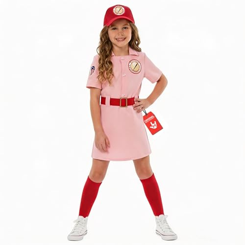Morph Kids Rosa Baseboll Kostym Flickor - Sportig utklädnadsdräkt med hatt och strumpor för Halloween, 10-12 År