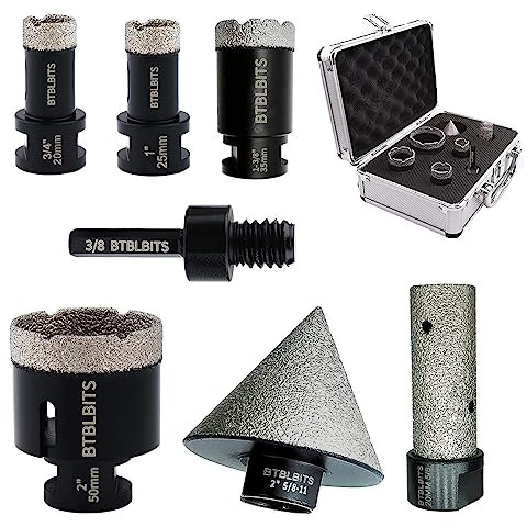 BTBLBITS Diamond Core Drill Bits Set - 7pcs Tile Hole Saw Kit 20/25/35/50mm + 20mm Diamond Milling Bit with 2 Diamond Beveling Chamfer Bits and Hex Shank Adapter for Porcelain Ceramic Tile Granite