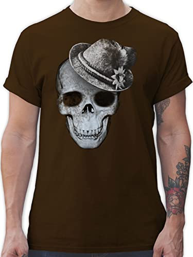 T-Shirt Herren - Kompatibel Oktoberfest - Totenkopf mit Filzhut - M - Braun - trachtenshirt bayrische Trachtenmode t Shirt Octoberfest Skull Tshirt oktoberfestkleidung Oktoberfest-t-Shirt