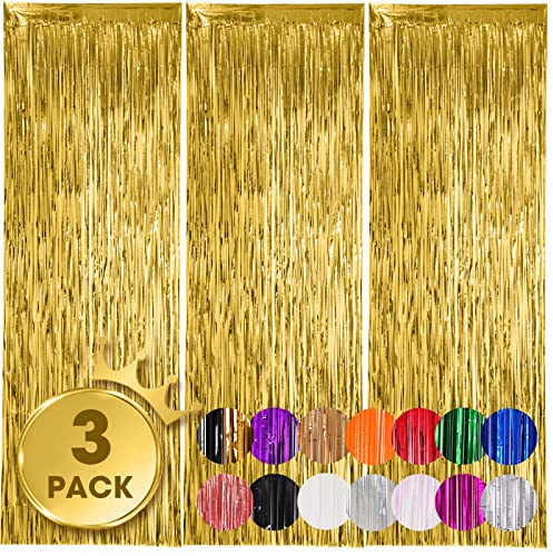 Voircoloria 3 Pack 3.3x8.2 Feet Gold Foil Fringe Backdrop Curtains, Tinsel Streamers, Fringe Backdrop for 2025 New Years Eve, Graduation, Birthday, Baby Shower, Gender Reveal, Disco Party