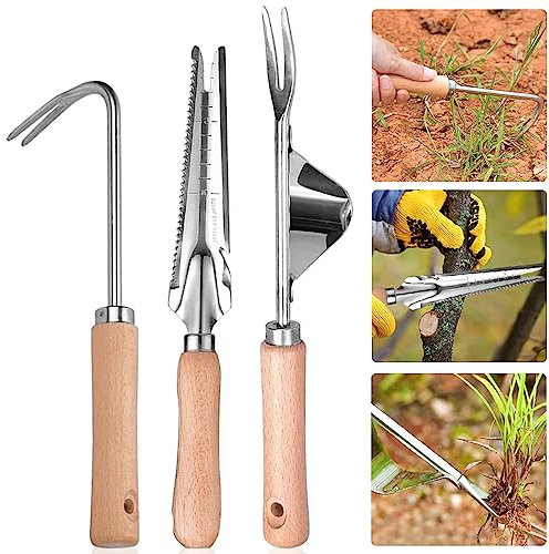 BNGXR Unkrautstecher, 3 Stück Manueller Unkrautjäter, Holzgriff, Edelstahlkopf mit Maß, Manueller Unkrautstecher für Garten Jäten Umpflanzen Entwurzeln Beschneiden