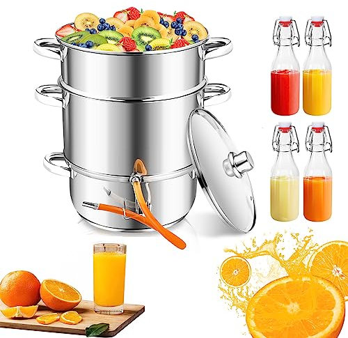 Herrselsam Exprimidor de vapor de 16 L, de acero inoxidable, con 4 botellas de planchado, 26 cm de diámetro, exprimidor suave de frutas y verduras, adecuado para todo tipo de fuegos